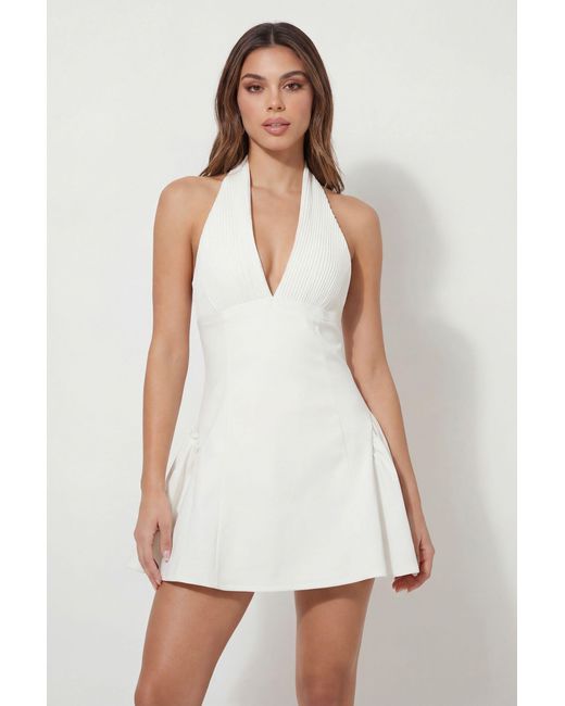 MissPap White Pleated Detail Volume Hem Mini Dress