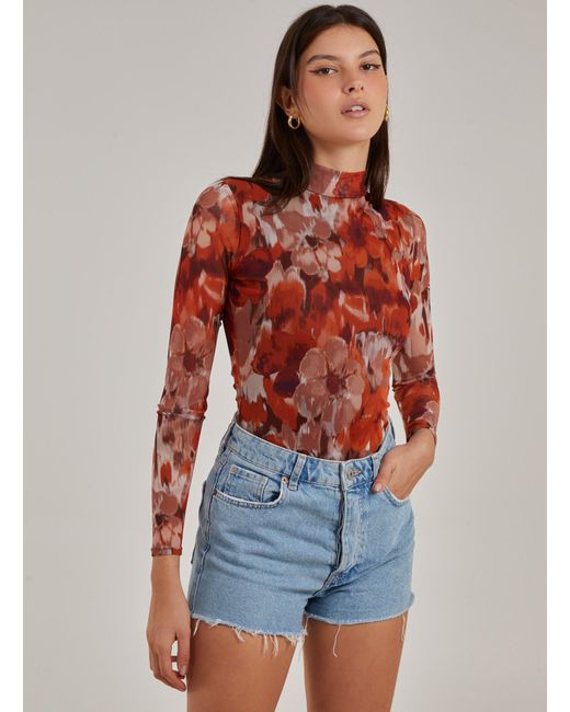 Pink Vanilla Red Graphic Floral High Neck Bodysuit