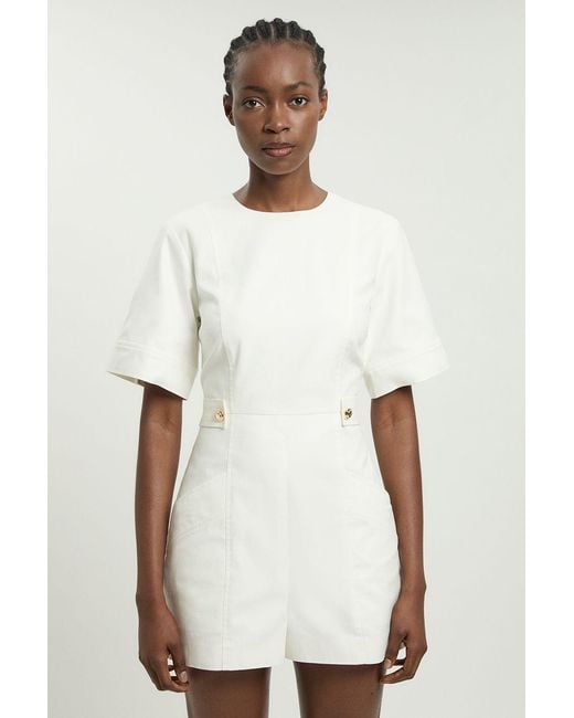 Karen Millen White Petite Tailored Linen Button Detail Playsuit