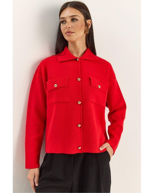 Bianco Lucci Red Polo Collar Cardigan