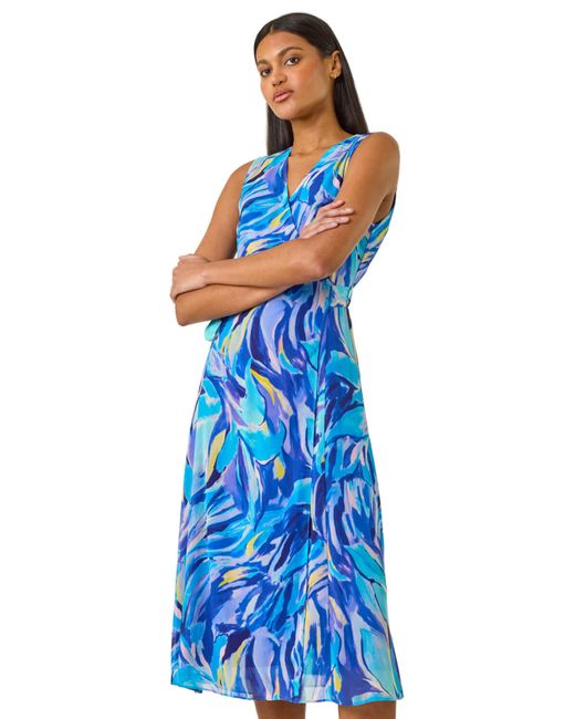 Roman Blue Floral Print Wrap Chiffon Midi Dress