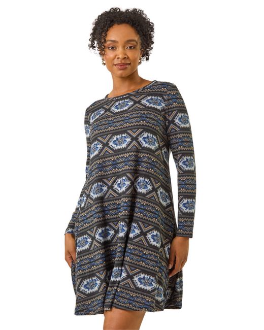 Roman Blue Petite Nordic A-Line Stretch Dress