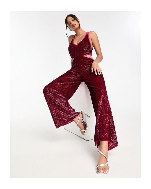Miss Selfridge Red Premium Embellished Cut Out Wide Leg Jumpsuit