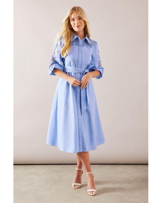 Wallis Blue Petite Occasion Cotton Cutwork Detail Shirt Dress