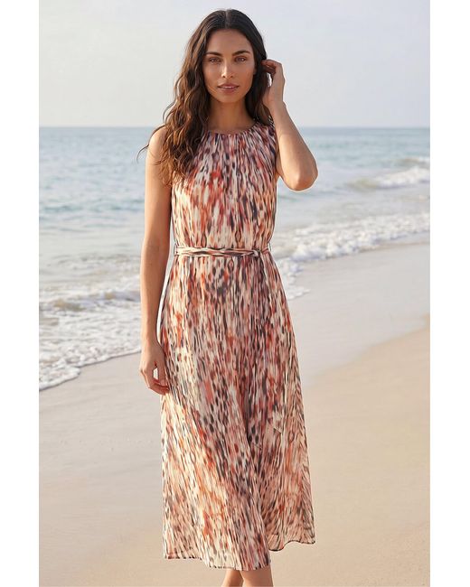 Roman Brown Animal Print Chiffon Pleat Neck Midi Dress
