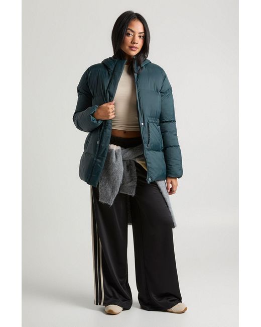 Boohoo Blue Cinch Waist Hooded Puffer Jacket