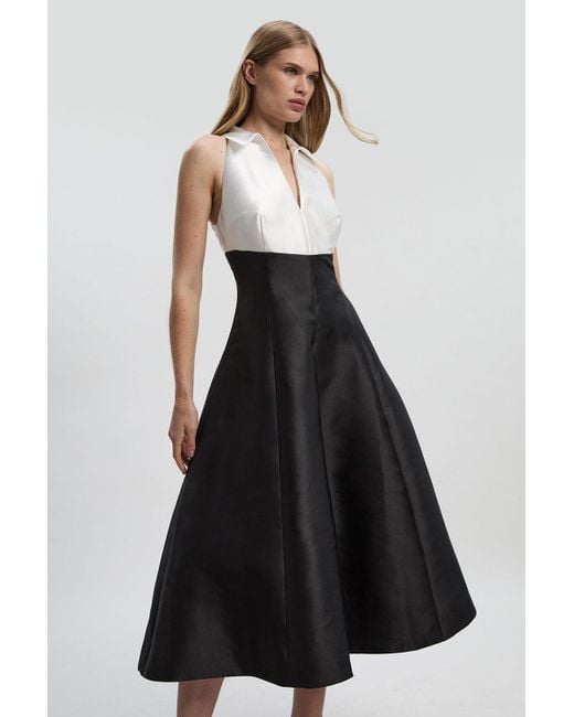 Karen Millen White Petite Twill Contrast Tux Tailored Full Skirted Shirt Dress