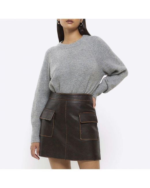 River Island Gray Mini Skirt Brown Faux Leather Distressed Pu