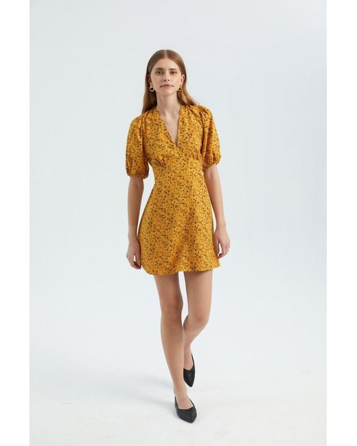 Hiccup Yellow V Neck Puff Sleeves Mini Dress