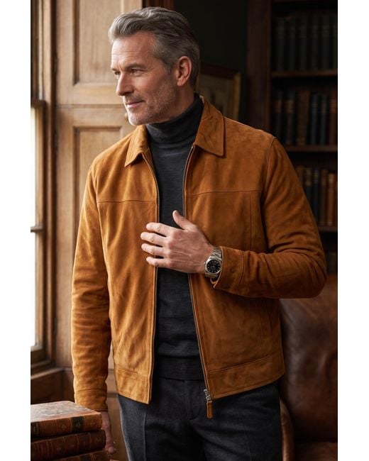 Infinity Leather Brown Goat Suede Harrington Biker Jacket for men