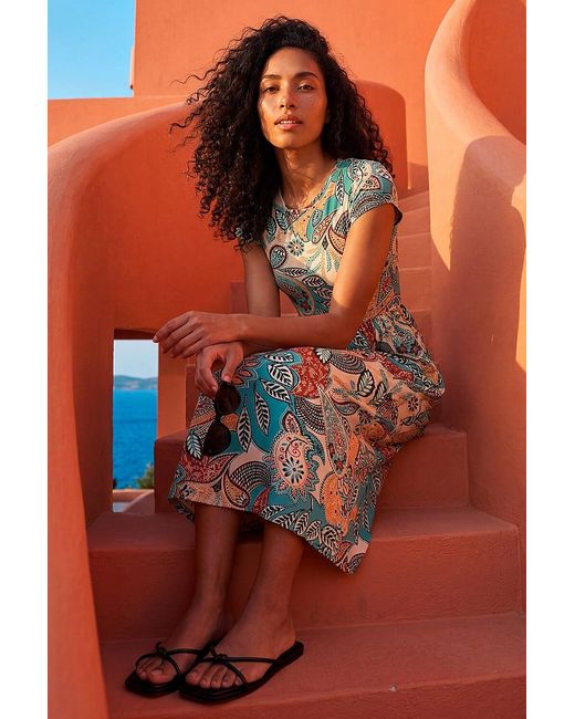 Roman Blue Paisley Print Short Sleeve Midi Dress