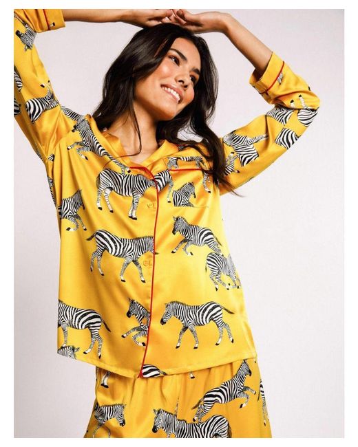 Chelsea Peers Yellow Cpny-Skl-129 Satin Zebra Button Up Pyjama Top