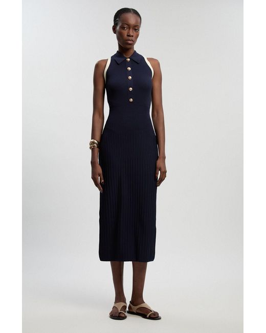 Karen Millen Blue Petite Rib Knit Military Colour Block Sleeveless Midi Dress