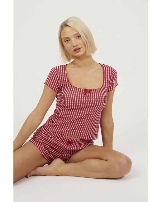 Brave Soul Pink Bow Detail Cropped Top And Short Pyjama Set