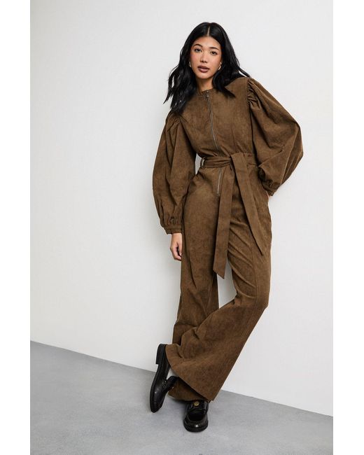 Oasis Brown Cord Zip Through Belted Jumpsuit