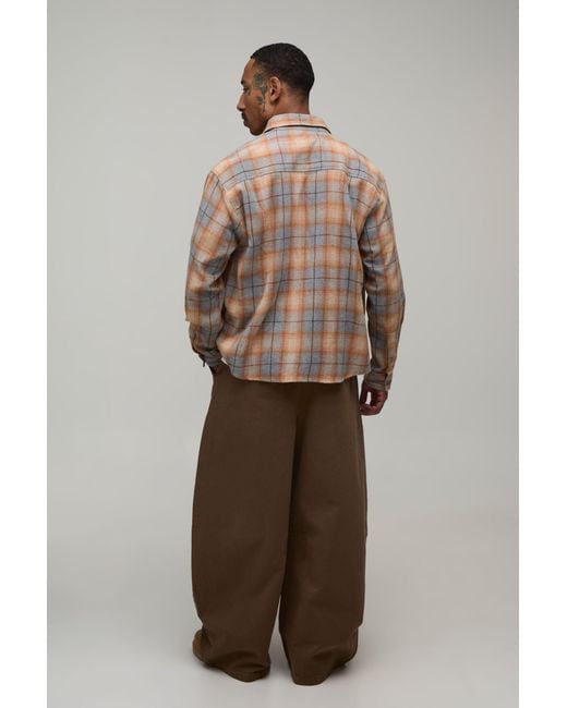 BoohooMAN Brown Barrell Leg Half & Waistband Washed Twill Trousers for men
