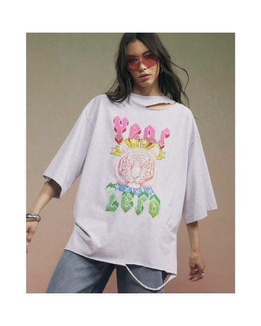 River Island Gray Year Zero Tiger Boyfriend Fit T-Shirt Cotton