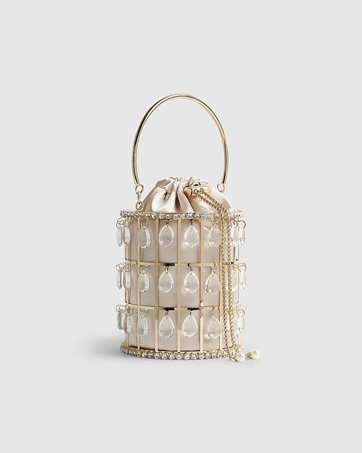 River Island Brown Basket Bag Diamante Cage Drawstring Metal