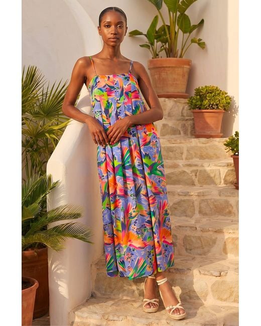 Roman Blue Petite Abstract Tropical Midi Dress