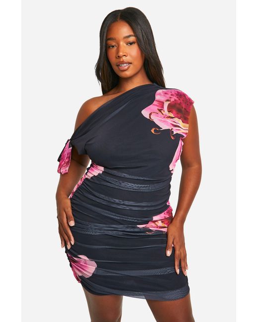 Boohoo Blue Plus Large Floral Asymmetric Ruched Bodycon Dress