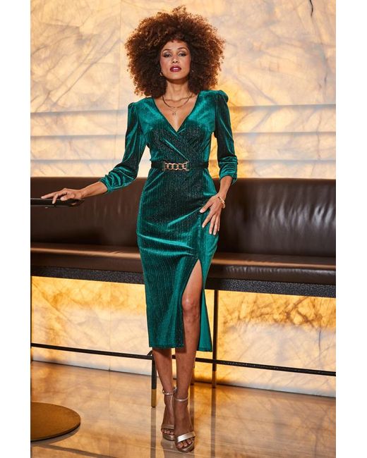 Sosandar Green Emerald Velvet Faux Wrap Midi Dress With Belt
