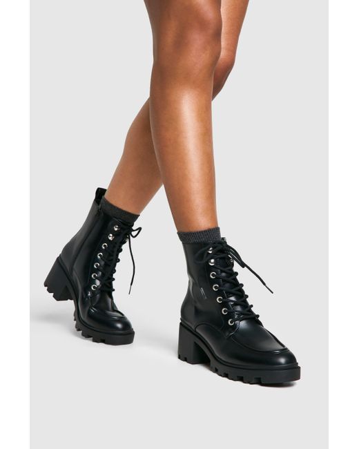 Boohoo Black Lace Up Heel Hiker Boot