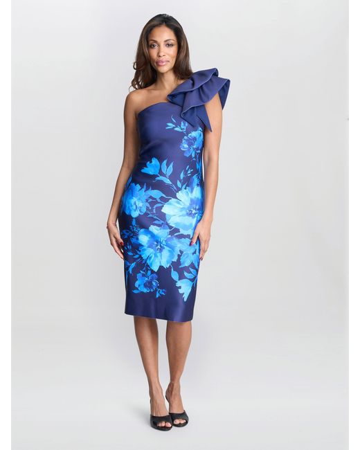 Gina Bacconi Blue Venus Printed Asymmetric Dress With Frill Sleeve