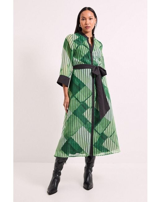 PRINCIPLES Green Belted Contrast Detail Collarless Shirt Dress