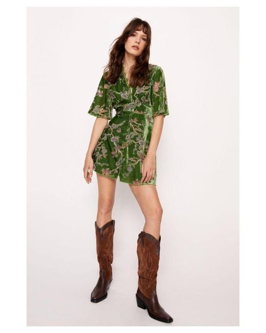 Nasty Gal Green Devore Floral Lace Trim Mini Dress