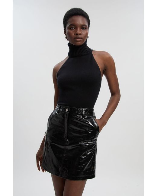 Karen Millen Black High Shine Croc Embossed Leather Mini Skirt