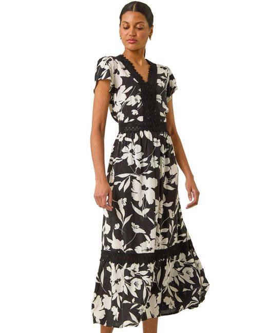 Roman White Floral Print Lace Trim Midi Dress