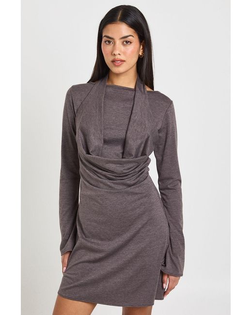 Boohoo Purple Marl Halterneck Cowl Long Sleeve Mini Dress
