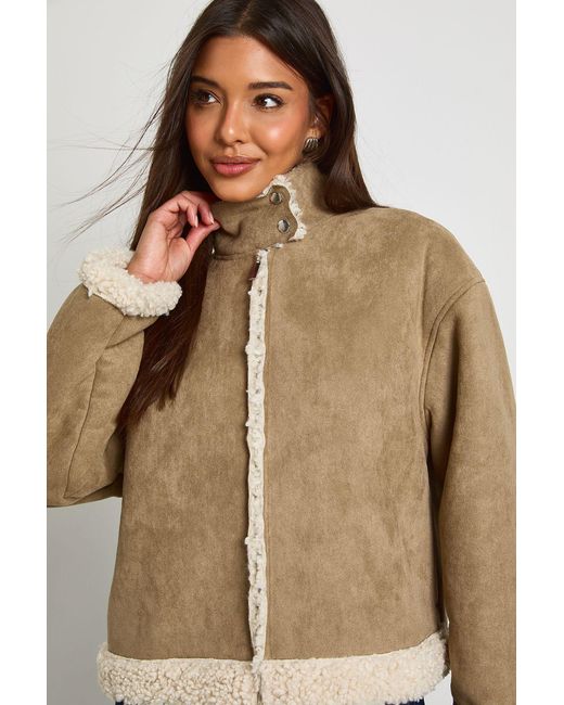 Boohoo Brown Suede High Neck Fur Lined Aviator