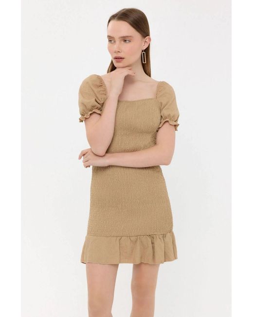 Hiccup Natural Ribbed Ruffled Square Neck Mini Dress With Balloon Sleeves