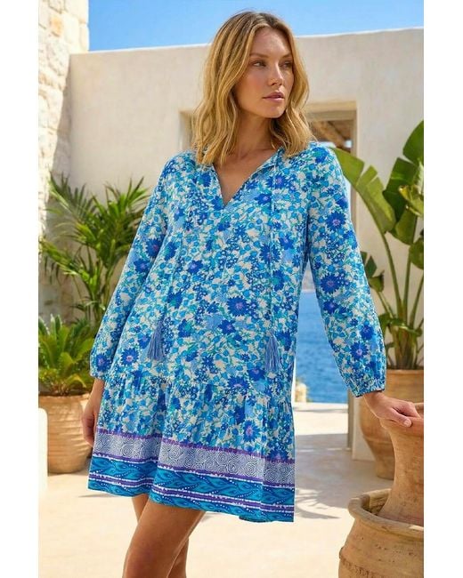 Roman Blue Floral Print Border Smock Dress