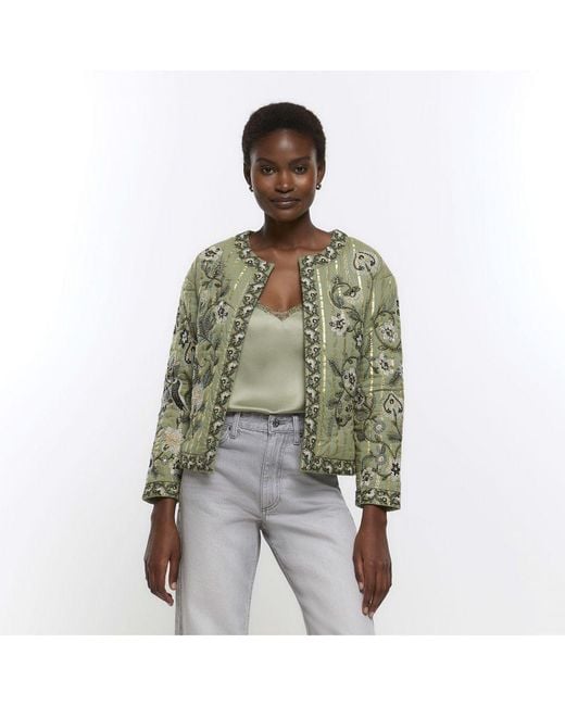 River Island Green Jacket Quilted Embroidered Floral Cotton
