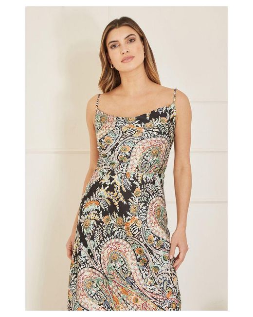 Yumi' Natural Satin Paisley Cowl Neck Fitted Dress