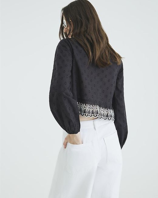 River Island White Blouse Long Sleeve Broderie Cotton