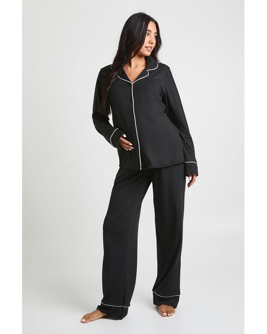 Boohoo Blue Maternity Piping Detail Long Sleeve Shirt & Trouser Pyjama Set