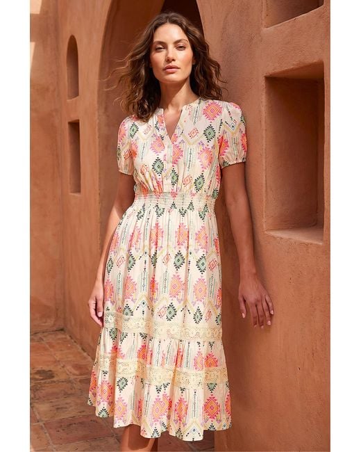 Roman Brown Petite Abstract Print Frill Midi Dress