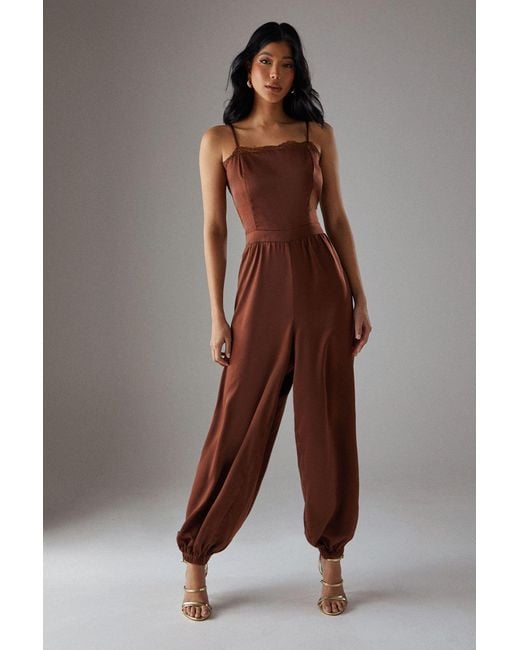 Warehouse Brown Satin Lace Trim Elasticated Cuff Strappy Jumpsuit
