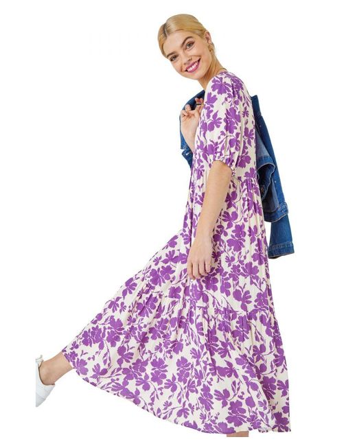 D.u.s.k Purple Floral Tiered Midi Smock Dress
