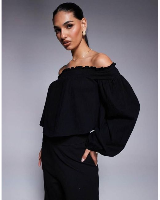 ASOS Blue Crinkle Off Shoulder Balloon Sleeve Top