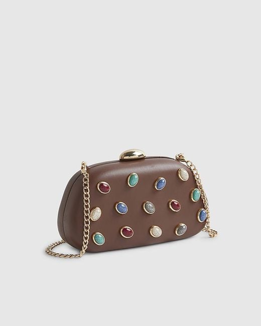 River Island Brown Clutch Bag Mixed Gem Hard Shell Clasp Pu