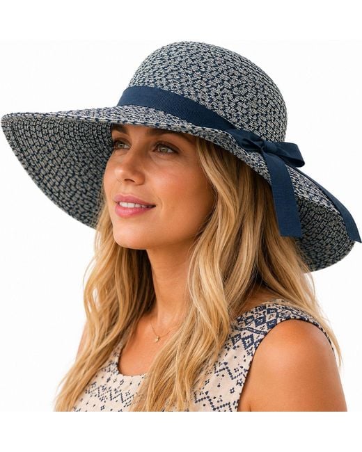 Woodland Leathers Blue Ladies Wide Brim Woven Sun Hat Adjustable Summer Beach Hat