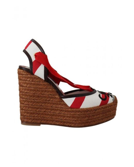 Dolce & Gabbana Red Multicolor Wedges Lace Up Strap Logo Print Sandals Cotton