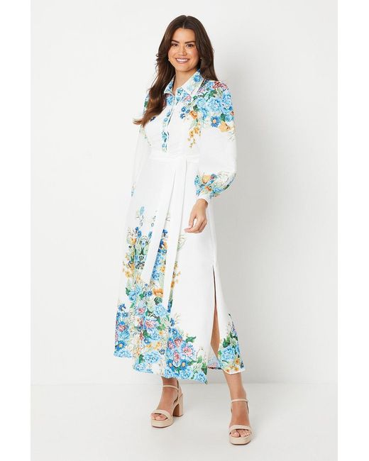 Wallis Blue Floral Western Belted Midi Shirt Dress