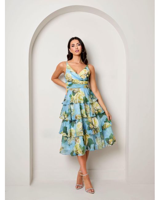 Chi Chi London Blue Sleeveless Floral Print Midi Dress