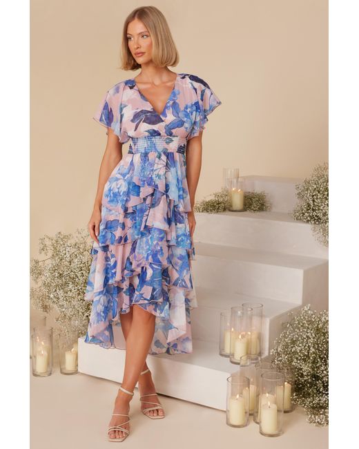 Quiz Blue Floral Dip Hem Tiered Midi Dress Material_Polyester