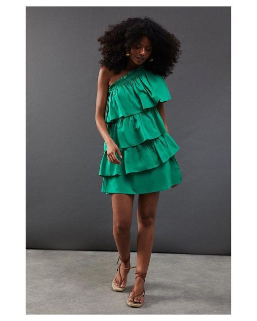 Warehouse Poplin One Shoulder Ruffle Mini Dress in Green Lyst UK